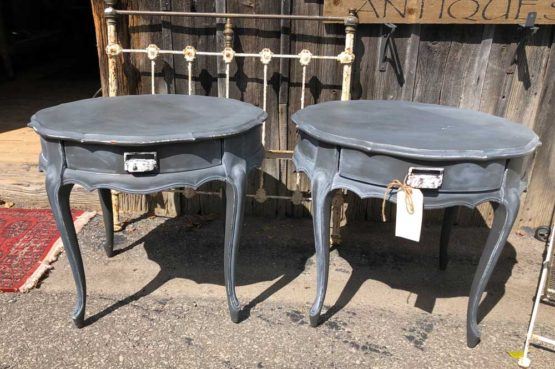 two blue weathered antique tables
