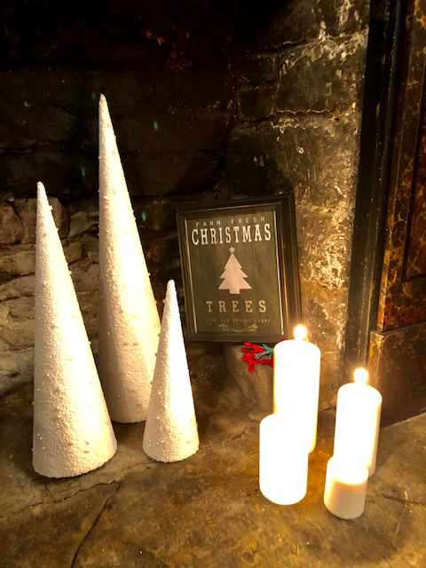 a sign for christmas trees surrounded by three white cones and four candles