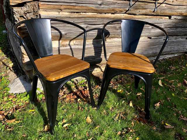 two retro steel and wood chairs