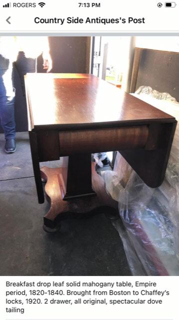 breakfast drop leaf solid mahogany table, empire period, 1820-1840. Brought from Boston to Chaffey's locks, 1920. 2 drawer, all original, spectaculat dove tailing